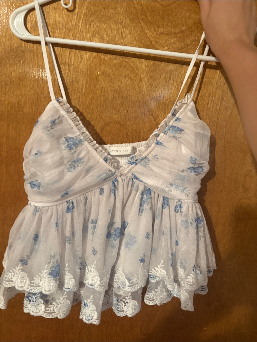 Babydoll Floral Lace Cami Top-Altar’d state- Light Blue/White
